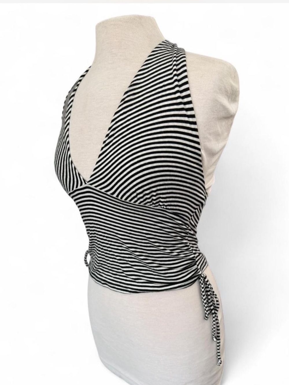 See You Monday Black White Striped Halter Top L Cinch Side Drawstring Y2K